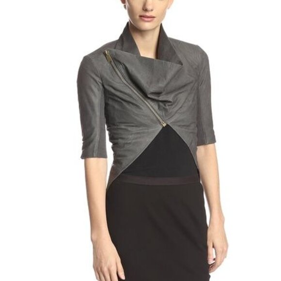 Rick Owens DRKSHDW Lamb Leather Cropped Gray Short Sleeve Zip Jacket - Picture 1 of 13